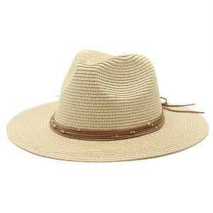 Fedora Straw Hat Women Summer Beach Sun Protection Wide Brim Panama Jazz Cap With Leather Belt Gold Beads