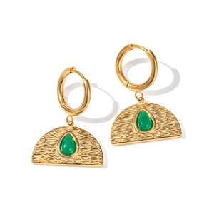 Vintage 18k gold plated stainless steel hoop earrings with green teardrop gemstones