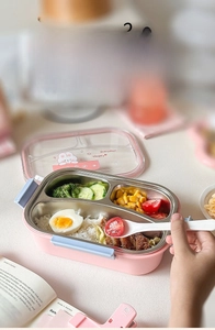 Pink 3-compartment lunch box with cute rabbit lid design and matching white spoon