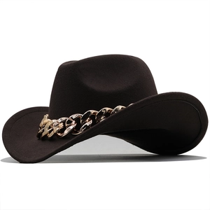 Close-up of wide brim wool felt jazz hat featuring a chunky gold chain accessory