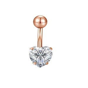 Classic 14G rose gold belly button ring with heart-shaped cubic zirconia gemstone