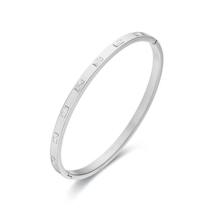 Silver stainless steel bangle with rectangular cubic zirconia stones in 45-degree view