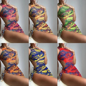 Women Marble Print Bikini Top And Bottom With Mesh Cover Up Dress Halter Neck Cut Out Drawstring Beachwear Swimwear