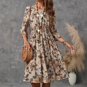 Elegant floral print midi dress with bohemian earth tones and stylish three-quarter sleeves