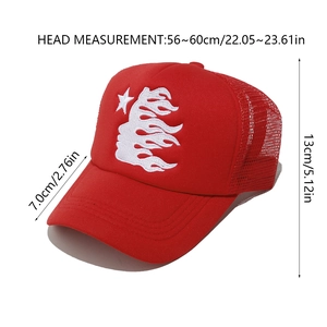 Detail view of red trucker hat showing dimensions, mesh panels, and front embroidery