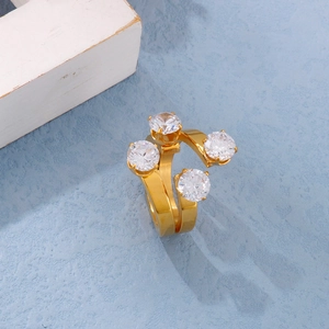 Close-up of 18K gold-plated double-layer wrap ring with four round white zircon stones