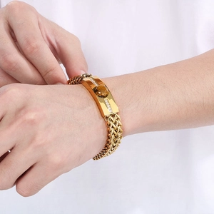 Men's gold-plated cuban link bracelet with tiger eye stone and crystal accents
