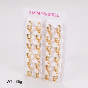 Set of 12 pairs of gold stainless steel hoop earrings with sparkling crystal inlay