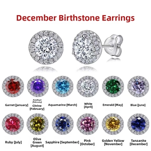 Detail of 12-color birthstone halo stud earrings with round brilliant cut cubic zirconia