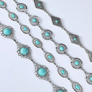 Bohemian Vintage Silver Tone Metal Waist Chain For Women Synthetic Turquoise Inlaid Ethnic Style Belt Chain For Dresses Jeans