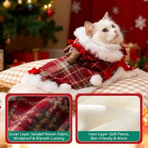 Cape de Noël festive à carreaux rouges pour chat avec bois de renne et doublure polaire chaude