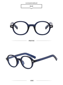 Close-up of blue round glasses frame showing front and 45-degree side views in high detail