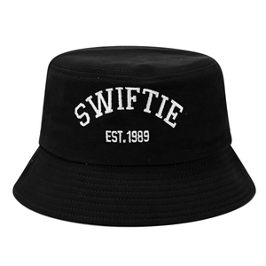 Black cotton SWIFTIE EST. 1989 embroidered bucket hat for sun protection and fan fashion