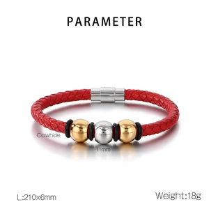 Detailed specs of red braided cowhide leather bracelet with magnetic clasp and metal beads