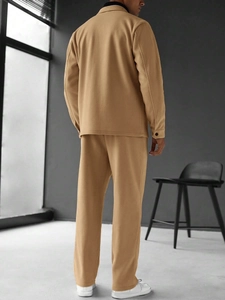 Rear view of men's camel casual set featuring lapel jacket and straight trousers