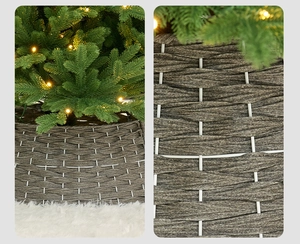 Detail of grey woven Christmas tree collar with white vertical straps and textured finish