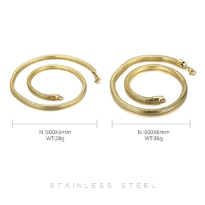 Detailed comparison of 5mm and 6mm gold stainless steel snake chain necklaces with specs