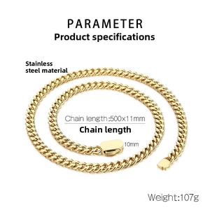 Detail of 11mm wide golden stainless steel Cuban chain necklace showing 500mm length