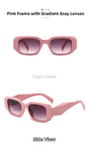 Detail view of pink square sunglasses featuring thick frames and gradient grey lenses