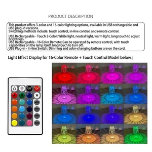 Modern 16-color USB crystal desk lamp with remote control and touch dimming function