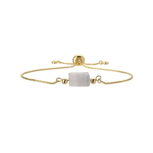 Detail of adjustable gold box chain bracelet featuring a purple rectangular natural stone