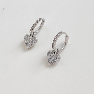 Silver heart pendant hoop earrings with clear cubic zirconia in a split-wear design