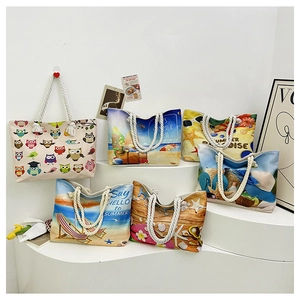 Large Capacity Canvas Tote Bag Women Summer Beach Vacation Shoulder Bag Cotton Rope Handle Printed Casual Mori Style