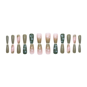 Summer translucent green and pink coffin press-on nails with heart patterns and gold leaf