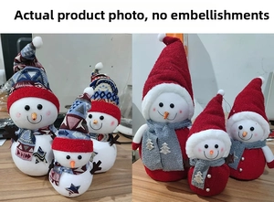 Detailed view of plush Christmas snowman set with knitted hats and scarves for festive decor
