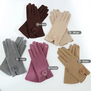 Ins style warm winter fleece gloves for women with pompom and heart embroidery details