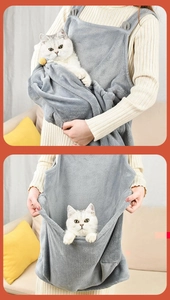 Close-up of grey plush cat carrier apron with thickened front pocket for pet cuddling