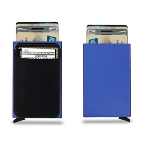 Blue aluminum RFID wallet detail showing the automatic pop-up mechanism and elastic back pocket