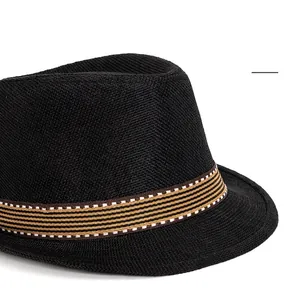 Classic black woven fedora for kids with striped band, outdoor sun protection hat