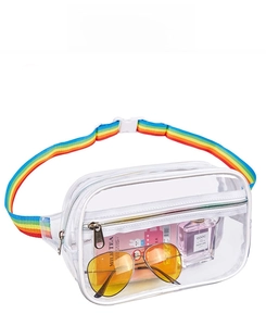Macro shot of waterproof clear PVC waist bag with colorful rainbow strap and dual zippers