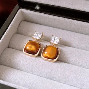 Boucles D'oreilles Carrées Oeil De Tigre Vintage Avec Zircon Plaqué Or 18K Tige En Argent 925 Pour Femmes