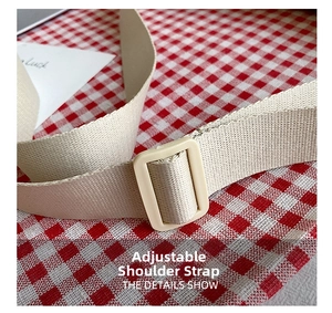 Detail of adjustable beige woven shoulder strap with plastic buckle for women's crossbody bag