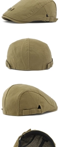 Detail view of khaki linen flat cap showing 70% flax material and metal buckle