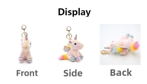 Detailed 360-degree view of pink plush unicorn keychain with iridescent wings and sequins