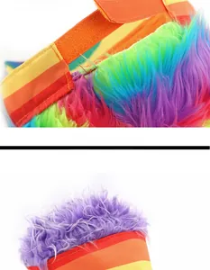 Detail of colorful rainbow faux fur fabric with adjustable velcro strap for party wig hat