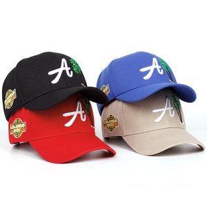 Fashion baseball caps in four colors featuring letter A and palm tree embroidery