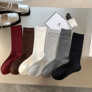 Women Crew Socks Combed Cotton Ribbed Breathable Solid Color Casual Mid Tube Slouch Socks Simple Fashion Accessory