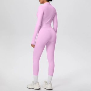 Completo yoga rosa 3 pezzi con giacca slim con zip e leggings sportivi a vita alta