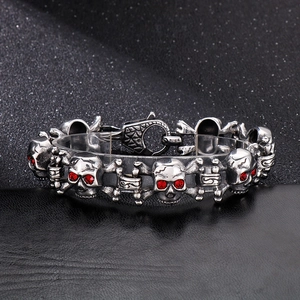 Hip-hop stainless steel skull bracelet for men with sparkling red rhinestone eyes