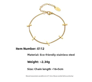 Detailed view of gold plated stainless steel bracelet with bar links and size specs