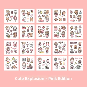 Macro 4x5 grid layout of 20 cute pink cartoon sticker sheets with bears and rabbits