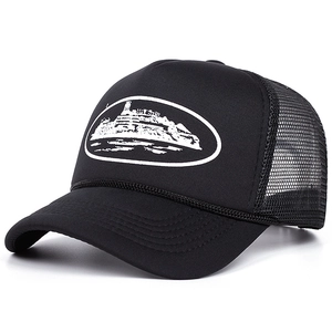 Retro black mesh trucker hat featuring a vintage island print and breathable design
