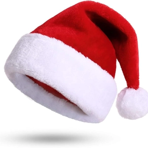 Classic red plush Santa hat with white faux fur trim and pompom for Christmas party