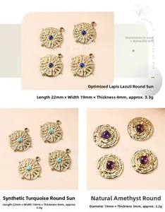 Detailed macro view of bohemian round gold pendants featuring lapis and turquoise inlay