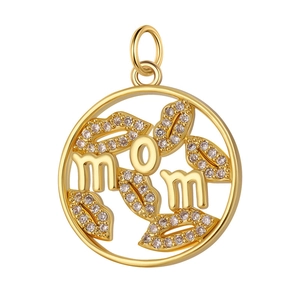 Detail of golden mom pendant with hollow circular frame and zircon-set lip accents