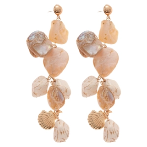 Elegant gold earrings with irregular resin beads and shell tassels on white background